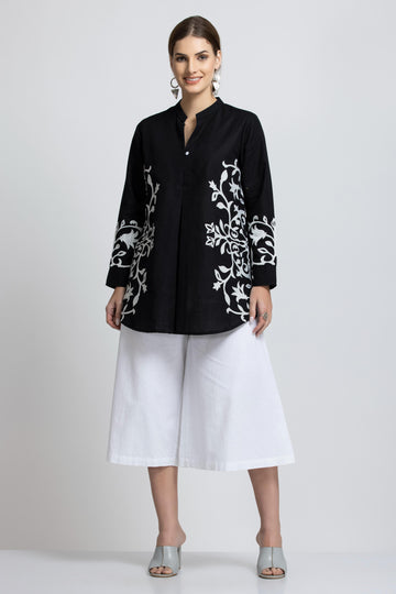 "SOLID COLOR FRONT & SLEEVES EMBROIDERED BUTTON-UP BLACK SHIRT