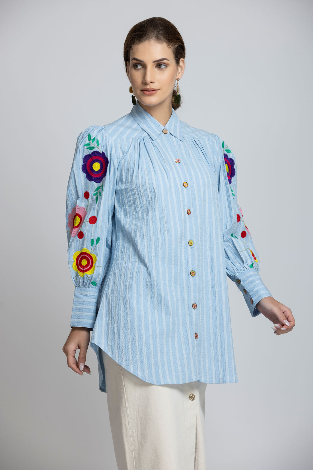 STRIPE FLORAL FRONT AND BACK EMBROIDERED COTTON SHIRT