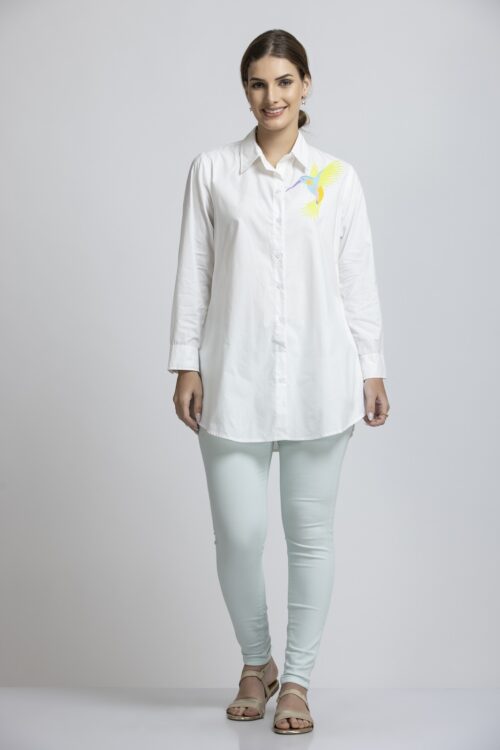 SOLID COLOR WHITE EMBROIDERED BLOOMING SHIRT-