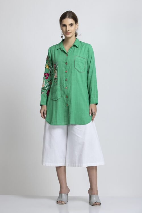 SOLID COLOR FLORAL COLOURFUL FRONT EMBROIDERED SHIRT-