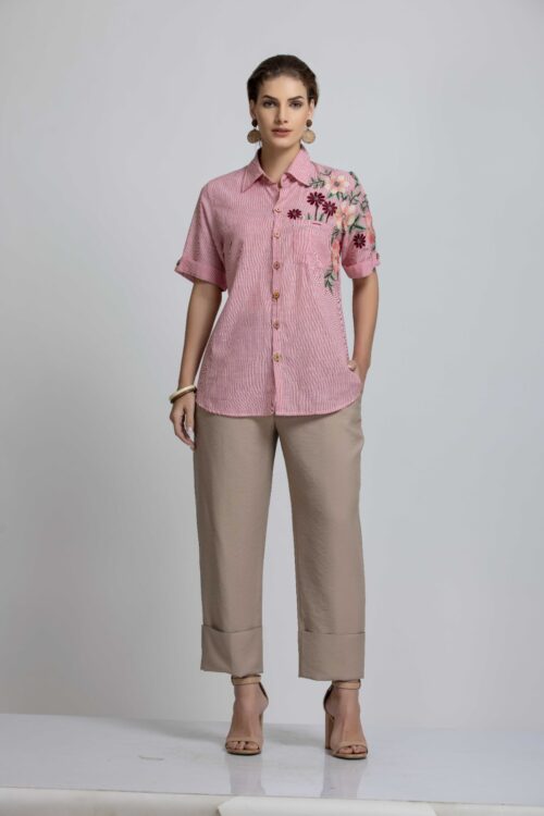Exquisite Floral Embroidered Stripe Shirt