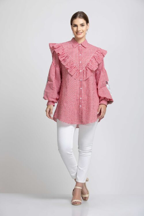 RUFFLES CHECKERED EMBROIDERED SLEEVES SHIRT-