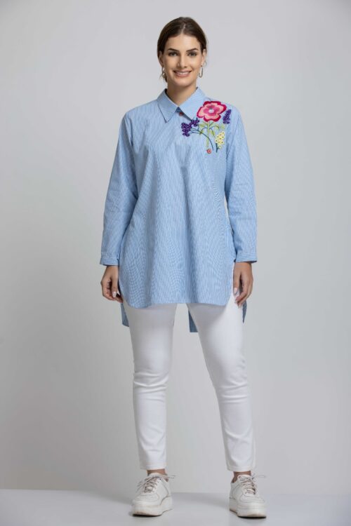 STRIPES BLUE BACK BUTTON UP EMBROIDERED SHIRT-