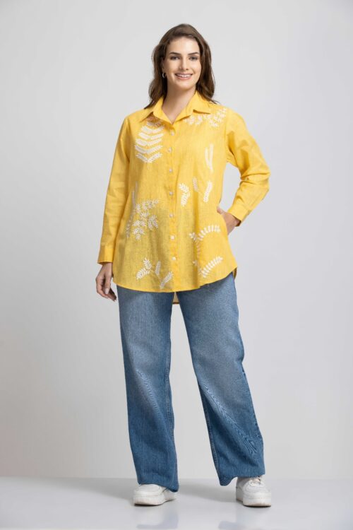 VIBRANT YELLOW SOLID COLOR FRONT EMBROIDERED SHIRT-