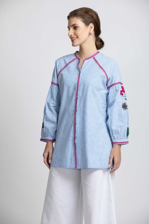 STRIPED SLEEVES EMBROIDERED SHIRT-