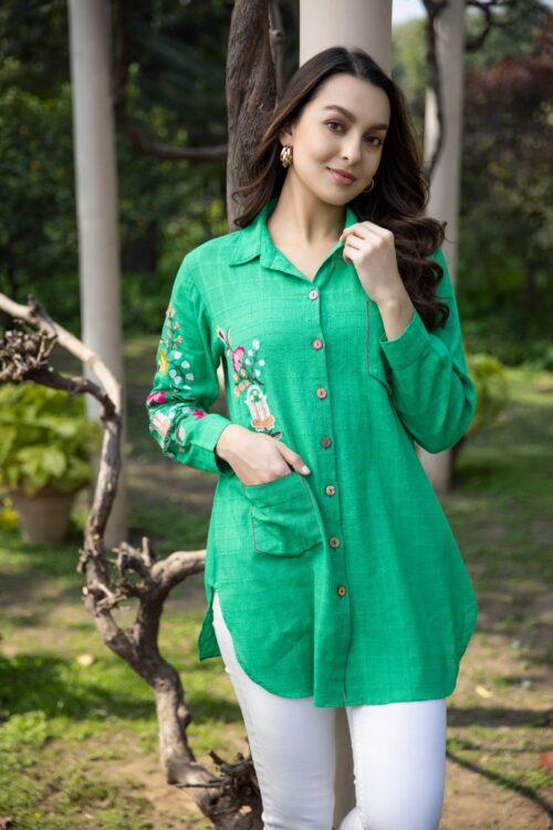 SOLID COLOR FLORAL COLOURFUL FRONT EMBROIDERED SHIRT-