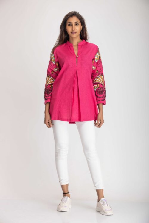 SOLID COLOR EMBROIDERED SLEEVES SHIRT-