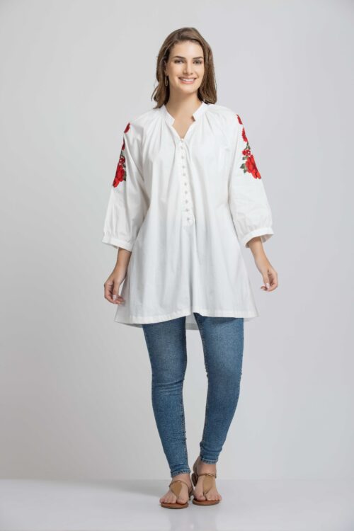 SOLID COLOR SLEEVES EMBROIDERED SHIRT-