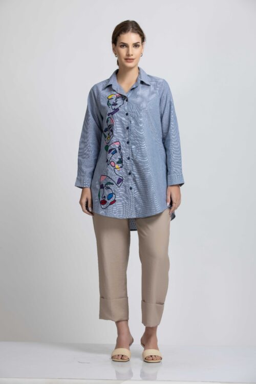 DENIM FULL BUTTON-DOWN FRONT EMBROIDERED SHIRT-