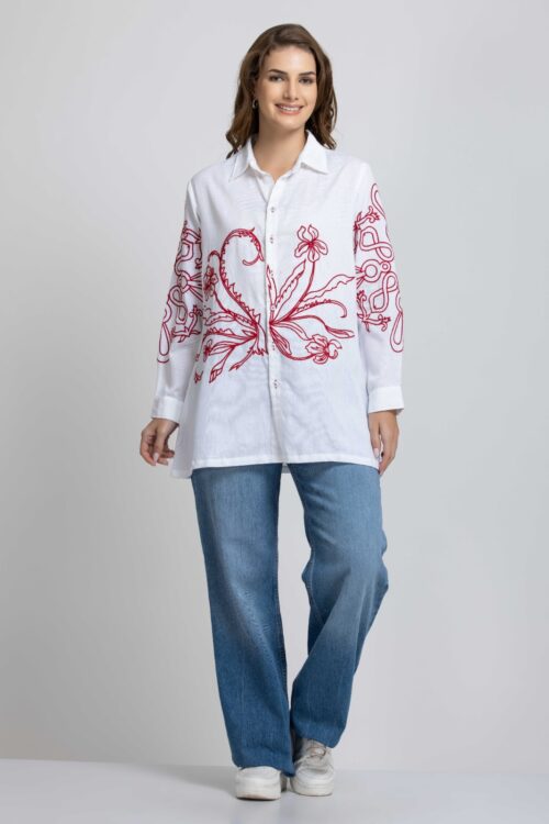SOLID COLOR FRONT BUTTON UP EMBROIDERED SHIRT-