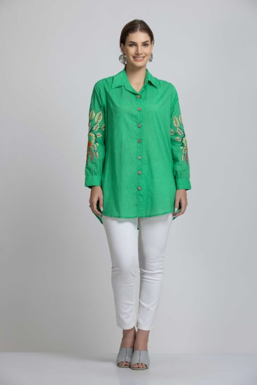 SOLID FRONT BUTTON UP SLEEVES EMBROIDERED SHIRT-