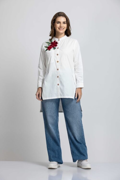 SOLID COLOR FRONT AND BACK FLORAL EMBROIDERED SHIRT-