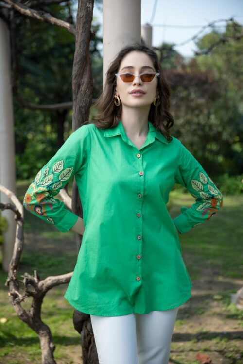 SOLID FRONT BUTTON UP SLEEVES EMBROIDERED SHIRT-