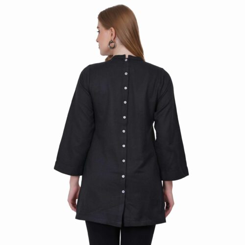 Black Round Neck Shirt with White Floral Embroidery