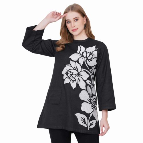 Black Round Neck Shirt with White Floral Embroidery