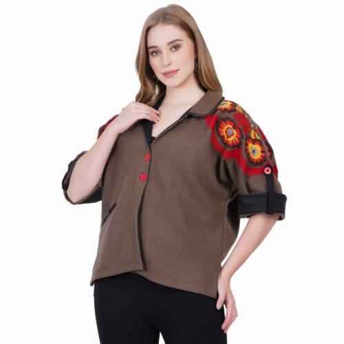 Brown Woollen Shirt with Embroidered Sleeves