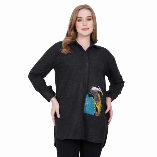 Black Woollen Shirt with Embroidered Front