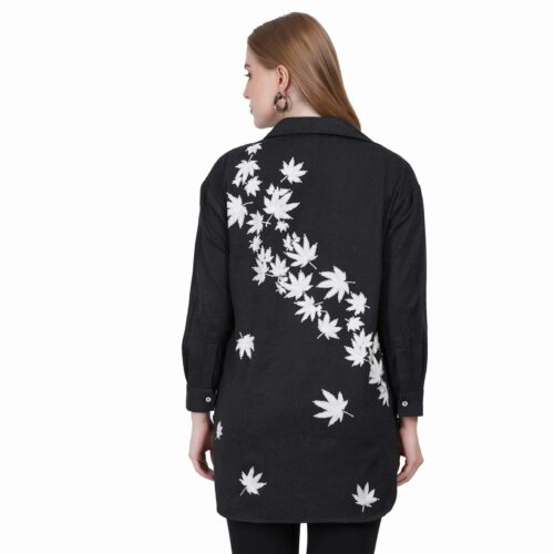 Floral Embroidered Black Woollen Shirt