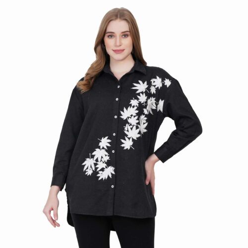Floral Embroidered Black Woollen Shirt
