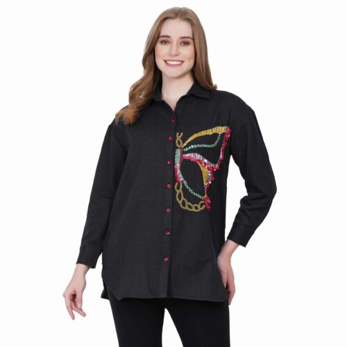 Black Woollen Shirt with Embroidered Butterfly