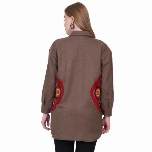 Brown Woollen Classic Shirt with Embroidered Side Pockets