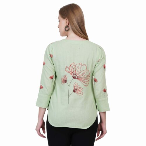 Green Cotton Shirt with Floral Embroidery