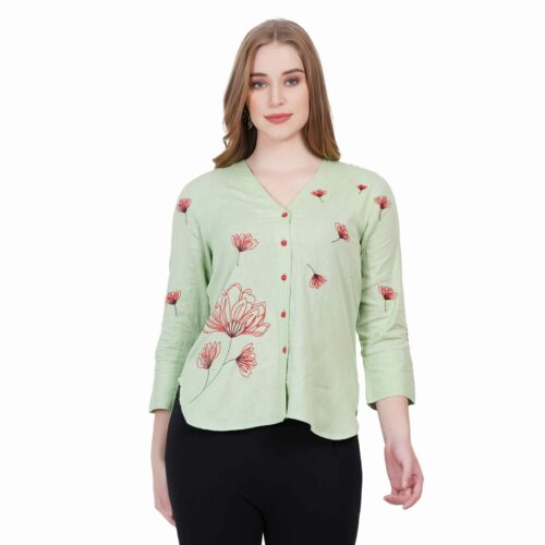 Green Cotton Shirt with Floral Embroidery