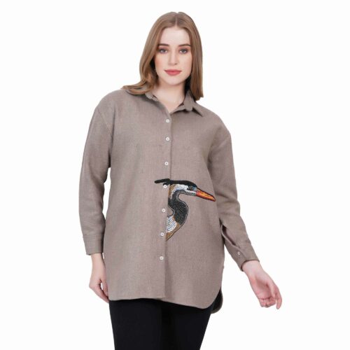 Beige woollen Shirt with Artistic Embroidery