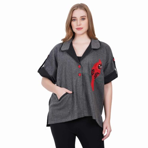 Grey and Black Heavy Woollen Shirt with Embroidery
