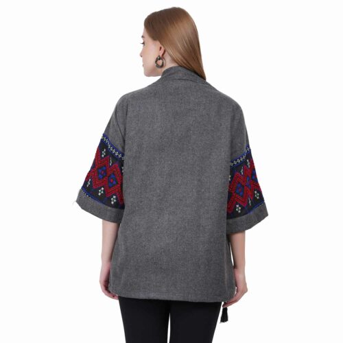 Grey Striped Heavy Woollen Shirt with Embroidered Sleeves
