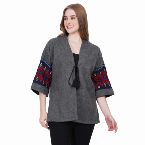 Grey Striped Heavy Woollen Shirt with Embroidered Sleeves