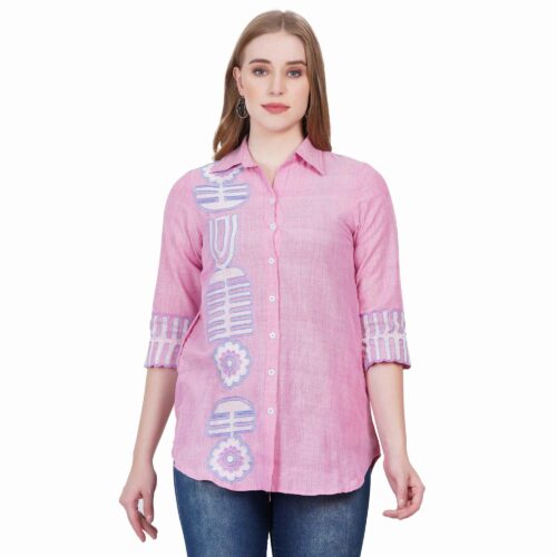 Cotton Pink Shirt with Embroidered Side and Sleeves
