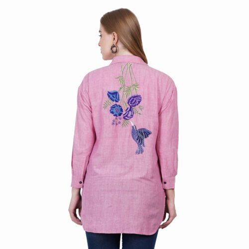 Cotton Pink Floral Embroidered Shirt