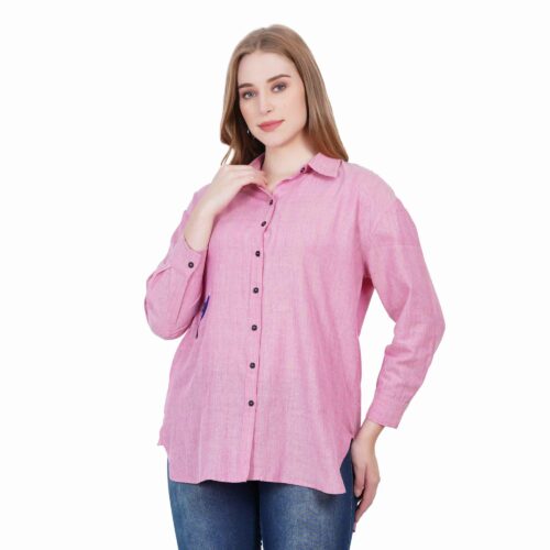 Cotton Pink Floral Embroidered Shirt