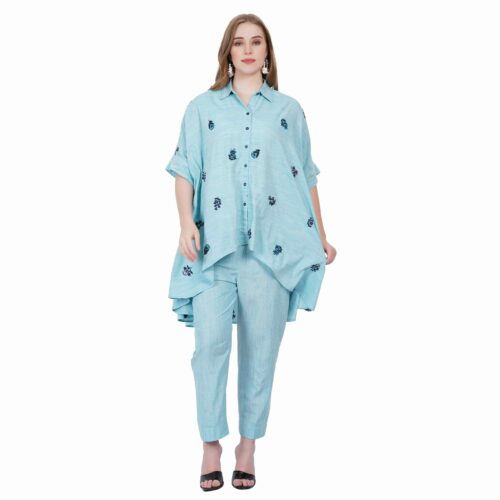 Sky Blue Asymmetrical Cotton Co-ord Set with Embroidery