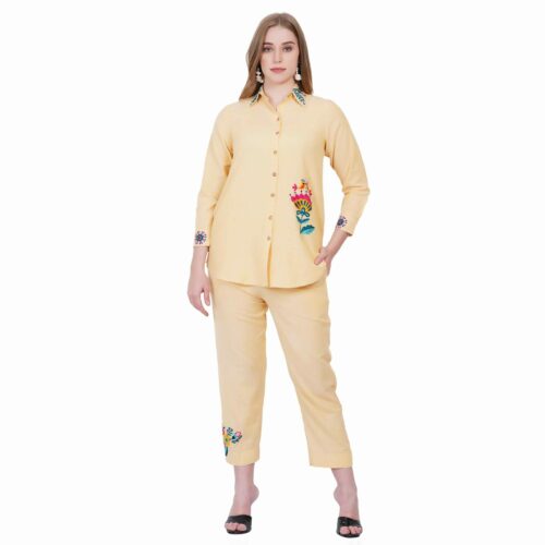 Yellow Cotton Embroidered Co-ord Set