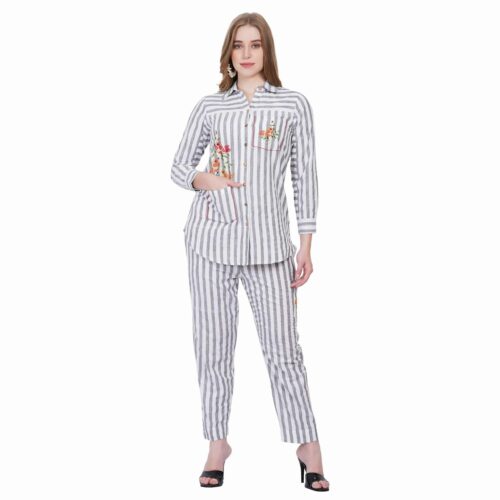 White-Grey Cotton Striped Co-ord with Floral Embroidery