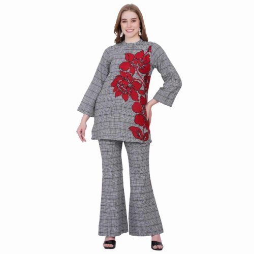 Grey Woollen Checkered Co-ord Set with Embroidery