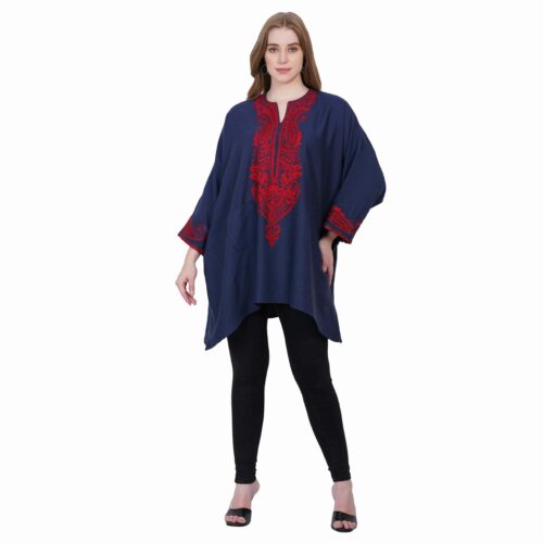 Blue Asymmetrical Woollen Shirt with Embroidery
