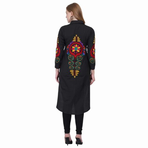 Black Cotton High-Low Shirt with Multi-Coloured Embroidery