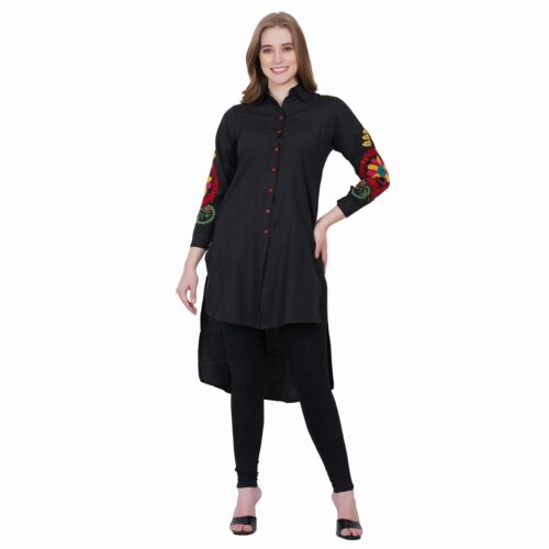 Black Cotton High-Low Shirt with Multi-Coloured Embroidery