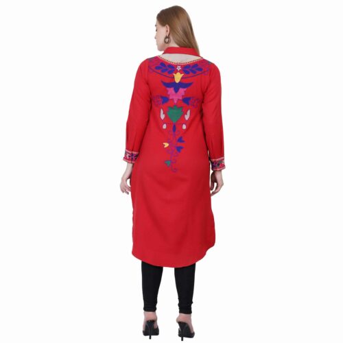 Red High-Low Embroidered Woollen Shirt with Stylish Collar