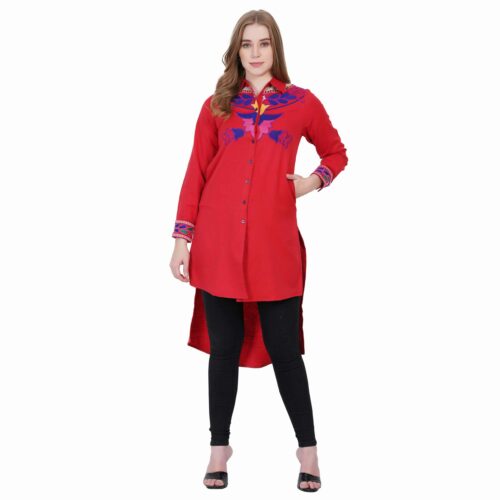 Red High-Low Embroidered Woollen Shirt with Stylish Collar