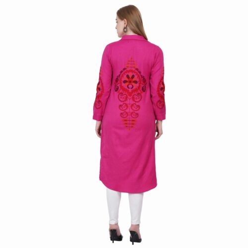 Magenta High-Low Woollen Shirt With Embroidered Back and Sleeves