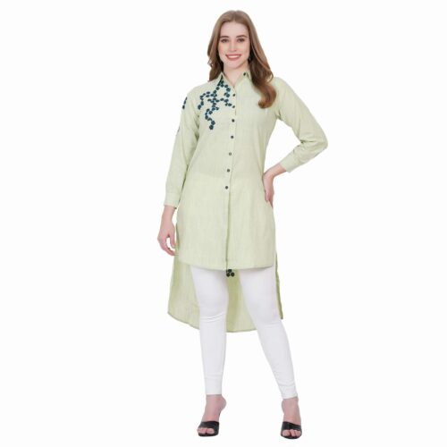 Light Green Cotton Embroidered High-Low Shirt