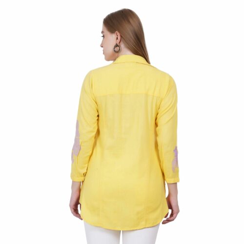 Yellow Cotton Shirt with Embroidered Sleeves and Shoulder