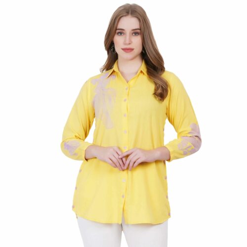 Yellow Cotton Shirt with Embroidered Sleeves and Shoulder
