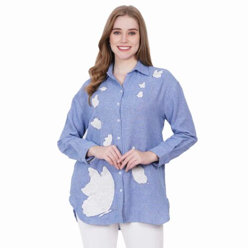Blue Woollen Shirt with White Embroidery