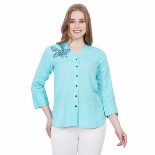 Sky Blue Cotton Embroidered Shirt