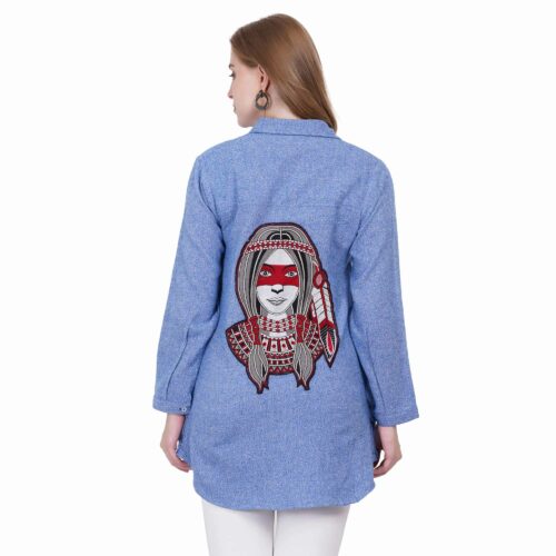 Blue Woollen Shirt with Embroidery on the Back